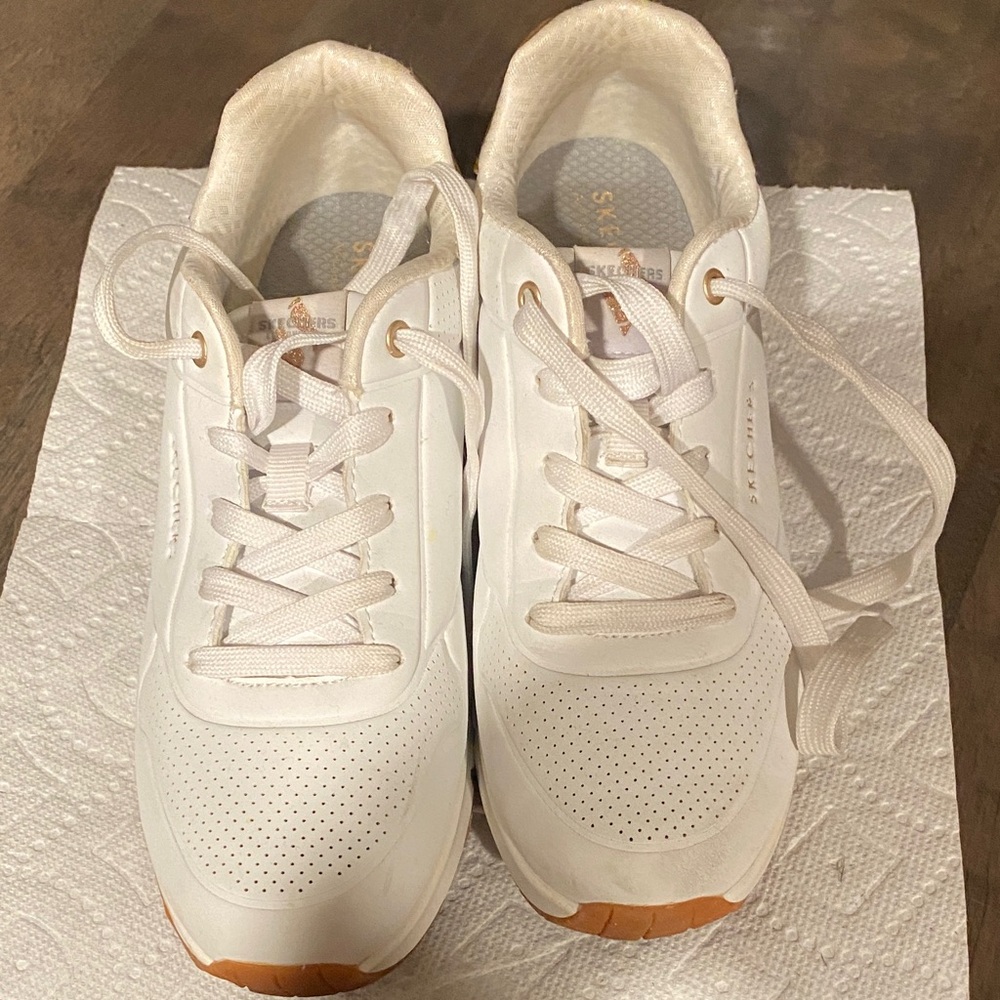 Skechers Women's White Lace-Up Sneakers with Tan Accents